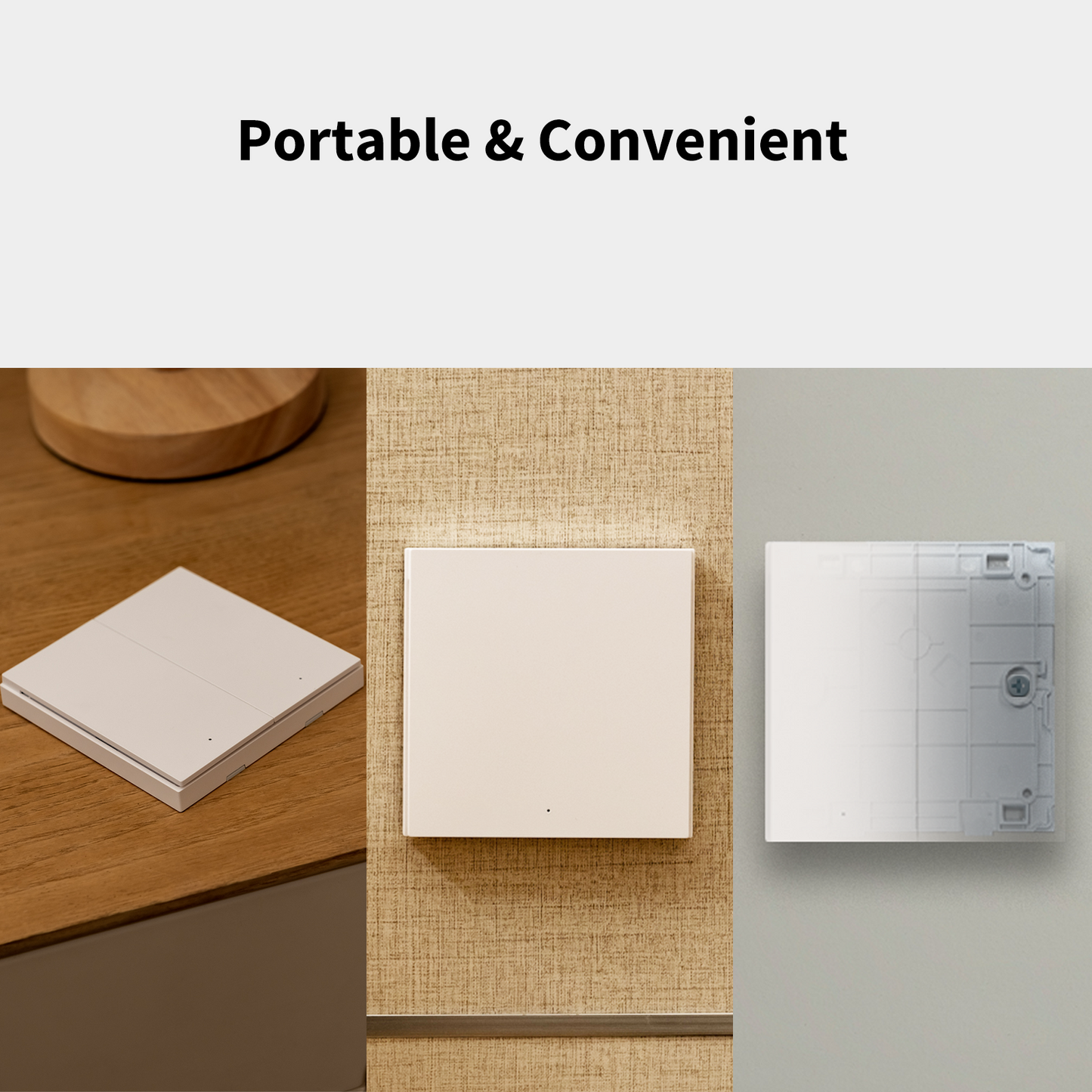 Three different views of a portable AQARA Wireless Switch H1 on a wooden surface, textured wall, and gray wall.