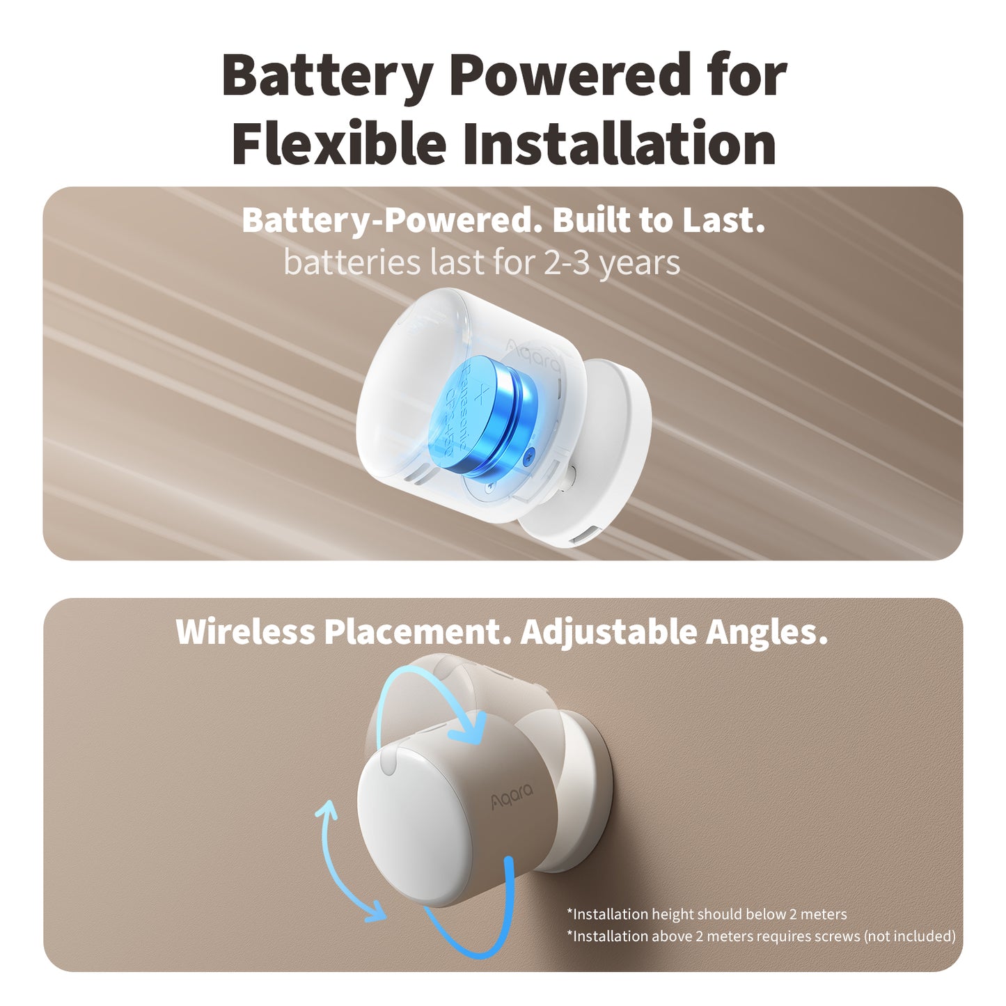 Battery-powered device with adjustable angles on a beige background for the Presence Sensor FP300