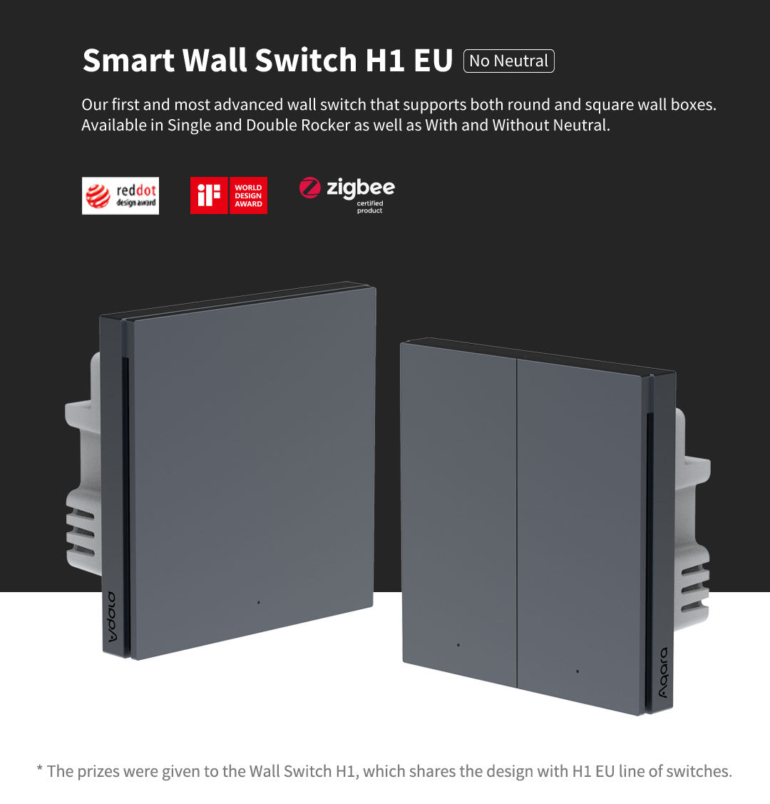 Smart wall switch H1 EU with certifications on a black background