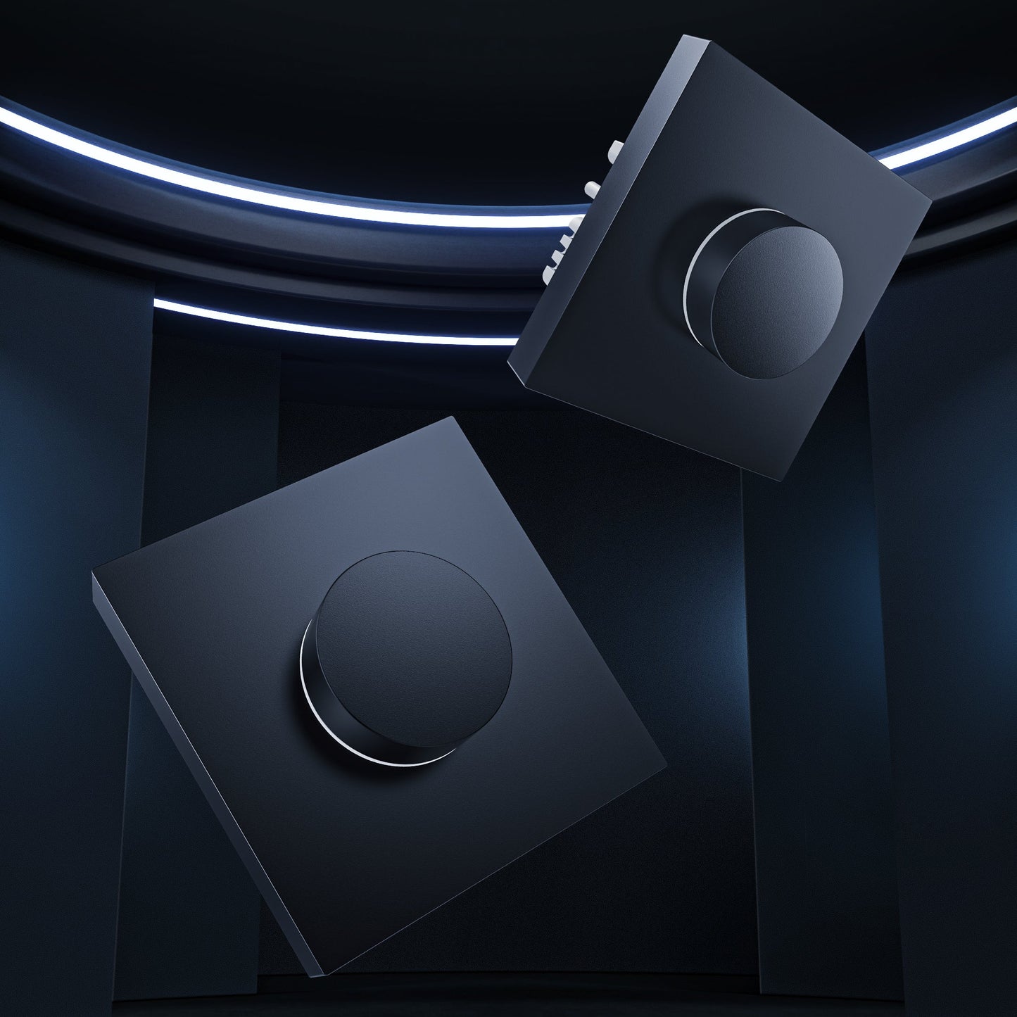 Two black AQARA Smart Rotary Knob H1 on a black background