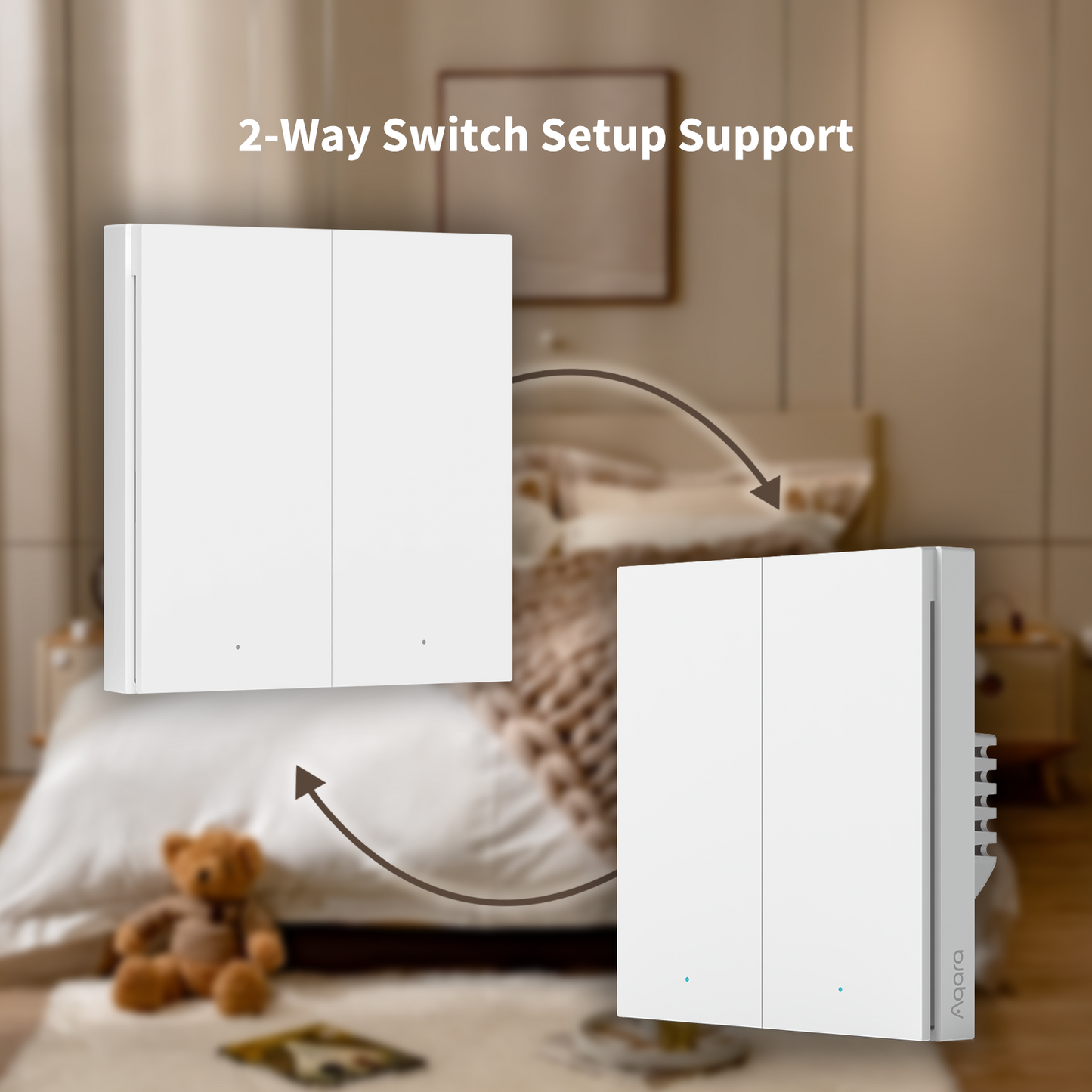 Two white AQARA Wireless Switch H1 with '2-Way Switch Setup Support' text over a bedroom background.