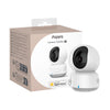Camera E1 next to its packaging on a white background