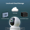 Camera E1 storage options including microSD card, cloud storage, and NAS on a blue background.