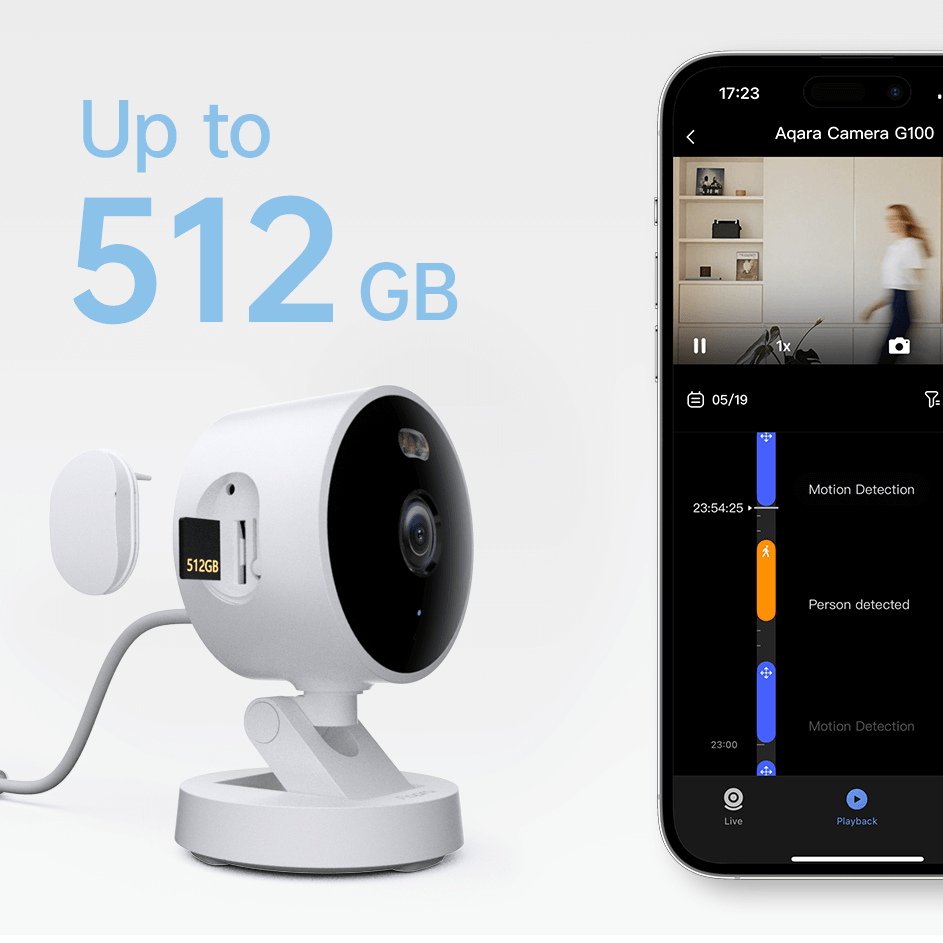 Camera G100 cloud storage with a microSD card up to 512 GB, alongside a smartphone screen showing the recording interface.