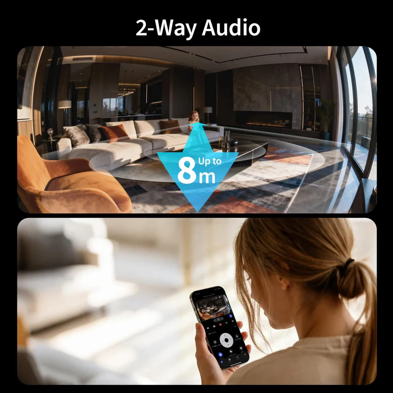 Living room with the Camera Hub G350 2-way audio feature and person using a phone.
