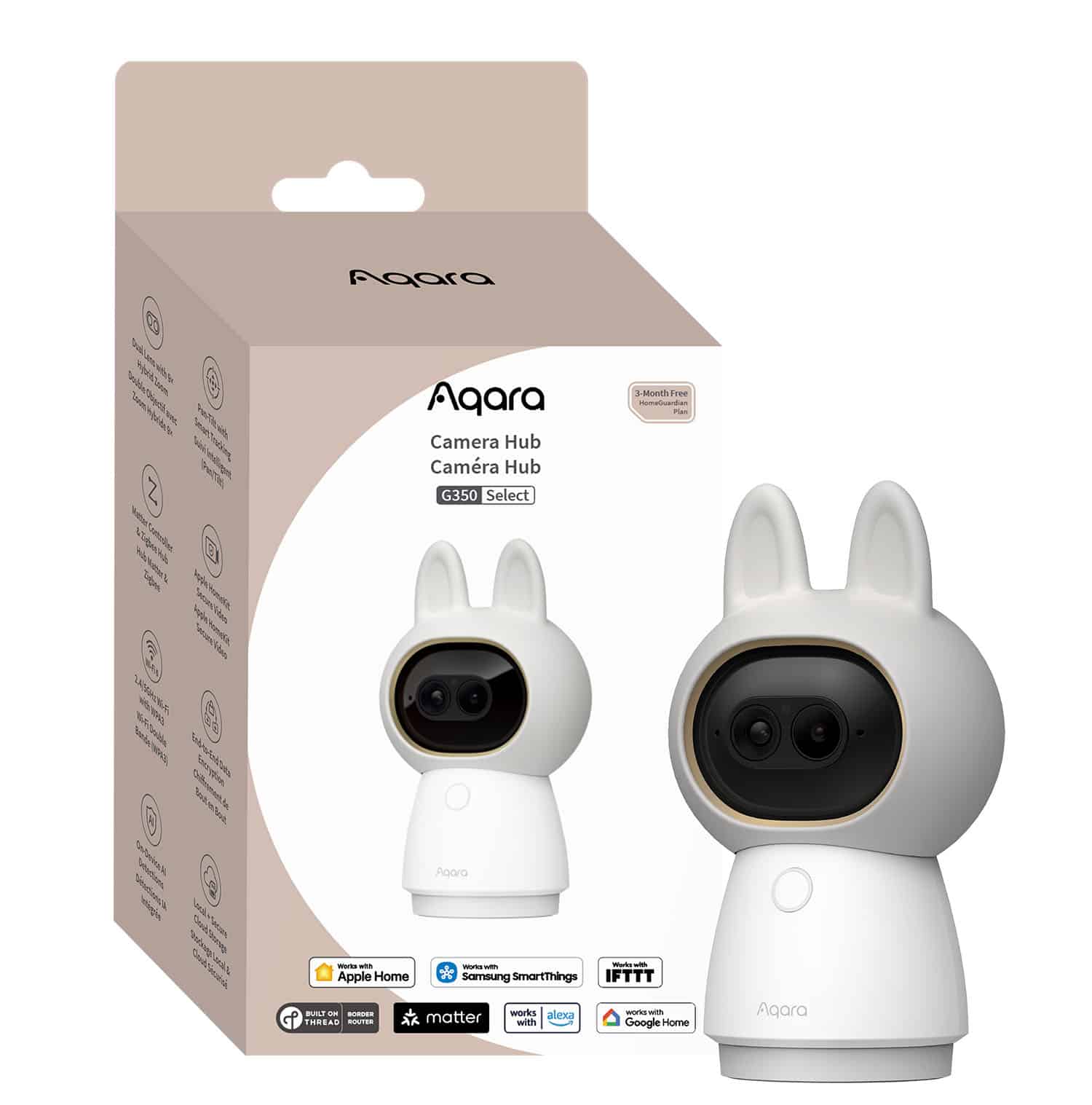 Aqara Camera Hub G350 with packaging on a white background