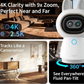 Robotic device with camera features and text highlighting its capabilities in a home setting.