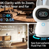 Robotic device with camera features and text highlighting its capabilities in a home setting.