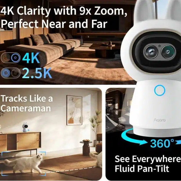 Robotic device with camera features and text highlighting its capabilities in a home setting.
