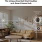 Living room with Camera Hub G410, including a doorbell camera hub, door and window sensor, smart lock, and vibration sensor.
