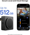 Black storage device with smartphone displaying video feed and text about secure local and cloud storage capacity for the Camera Hub G410.