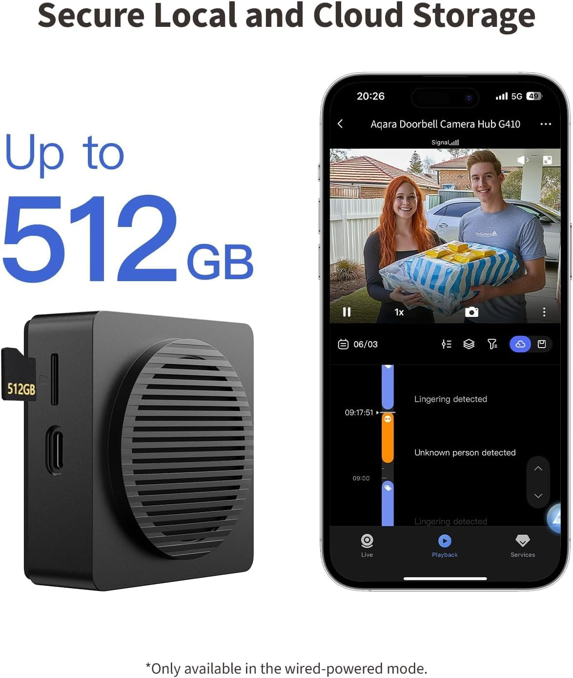 Black storage device with smartphone displaying video feed and text about secure local and cloud storage capacity for the Camera Hub G410.