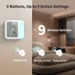 Climate Sensor W100 with 3 buttons and up to 9 action settings, shown in a room setting.
