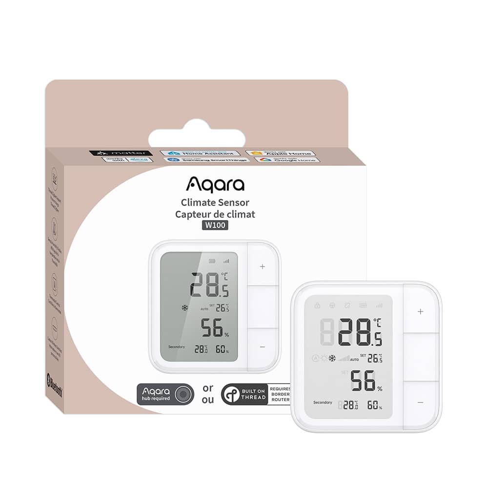 Climate Sensor W100 besides its packaging on a white background