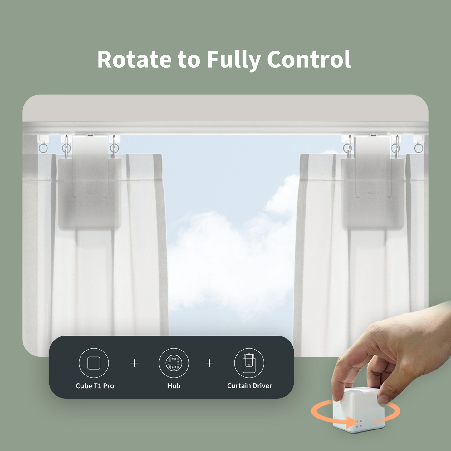 A hand interacting with the Cube T1 Pro to control the curtains