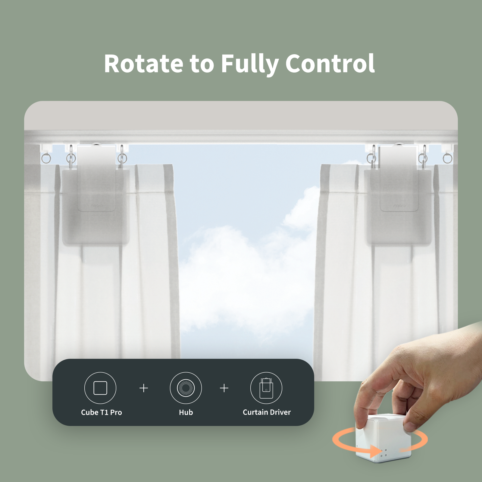 A hand interacting with the Cube T1 Pro to control the curtains
