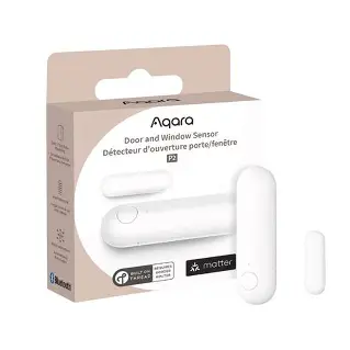 Aqara Door & Window Sensor P2 packaging with white sensor on a beige background