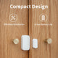 Compact Door & Window Sensor T1
 on a wooden door with text about easy installation and a 2-year battery life.