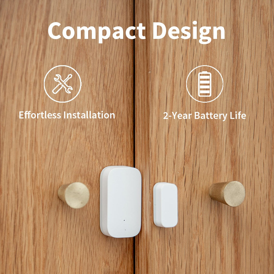 Compact Door & Window Sensor T1
 on a wooden door with text about easy installation and a 2-year battery life.