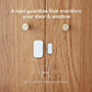 Door & Window Sensor T1 mounted on a wooden cabinet with text about monitoring doors and windows.
