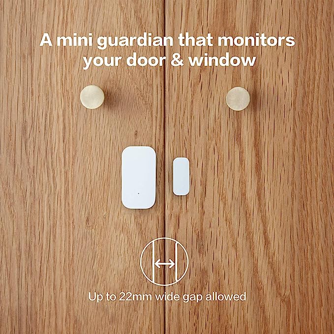 Door & Window Sensor T1 mounted on a wooden cabinet with text about monitoring doors and windows.