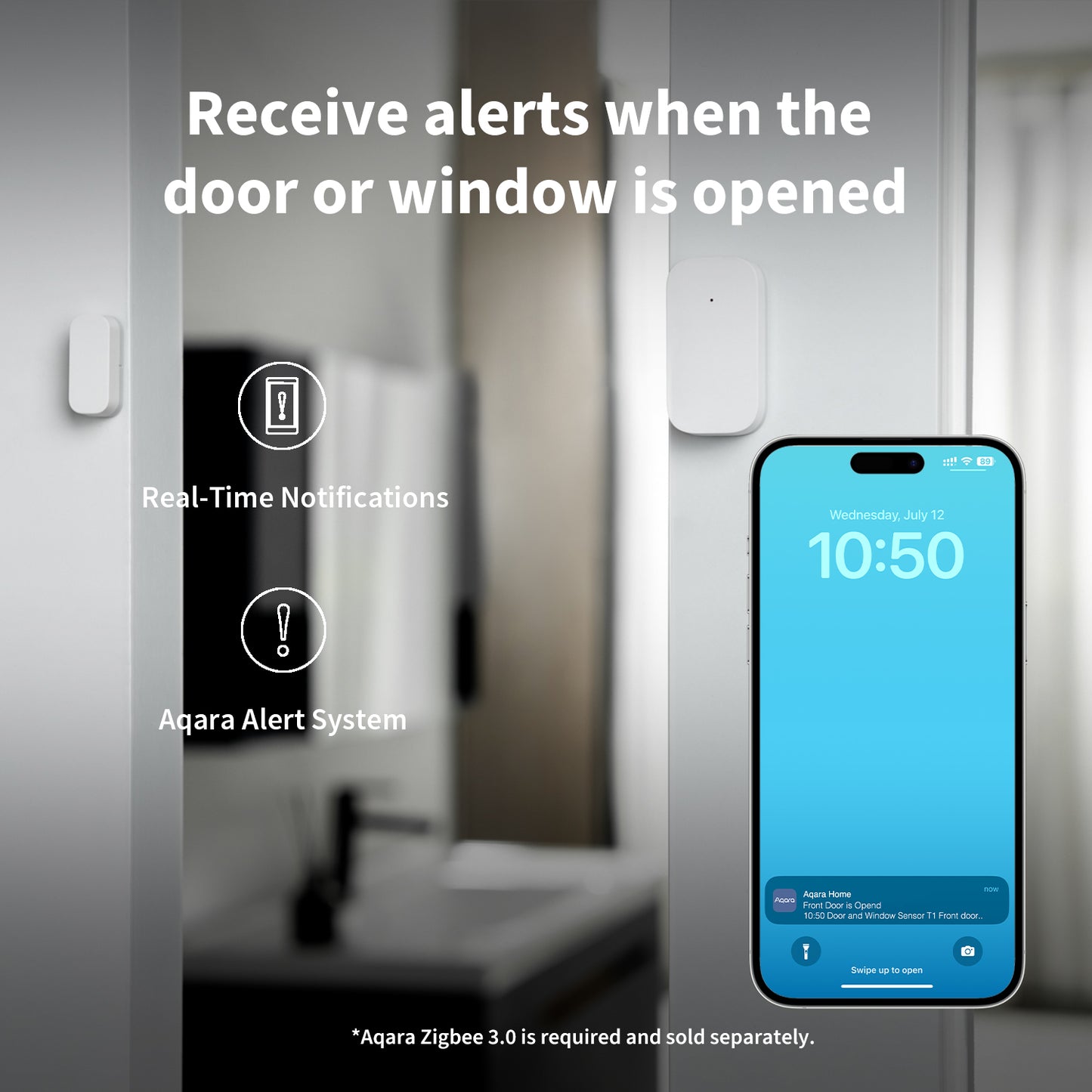 Door & Window Sensor T1 with a smartphone app displaying alerts