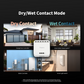 Dual Relay Module T2 with text 'Dry/Wet Contact Mode' and images of a garage door controller, smart roller shade switch, boiler controller, and smart light switch.