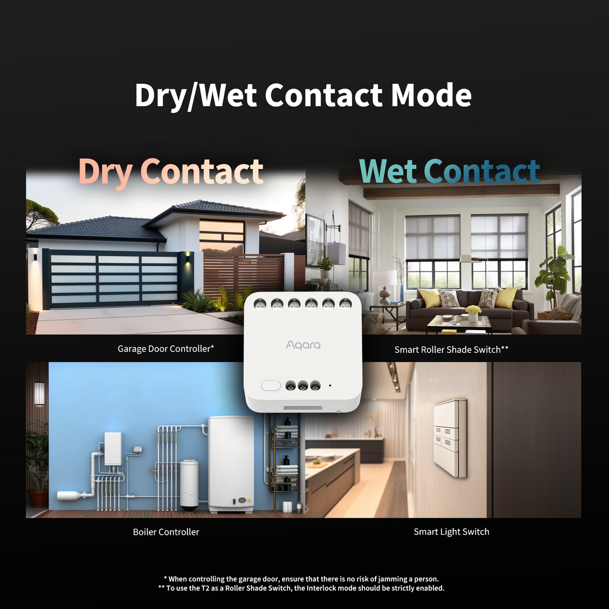 Dry contact mode (voltage-free) for garage doors, gates, blinds, and tubular motors