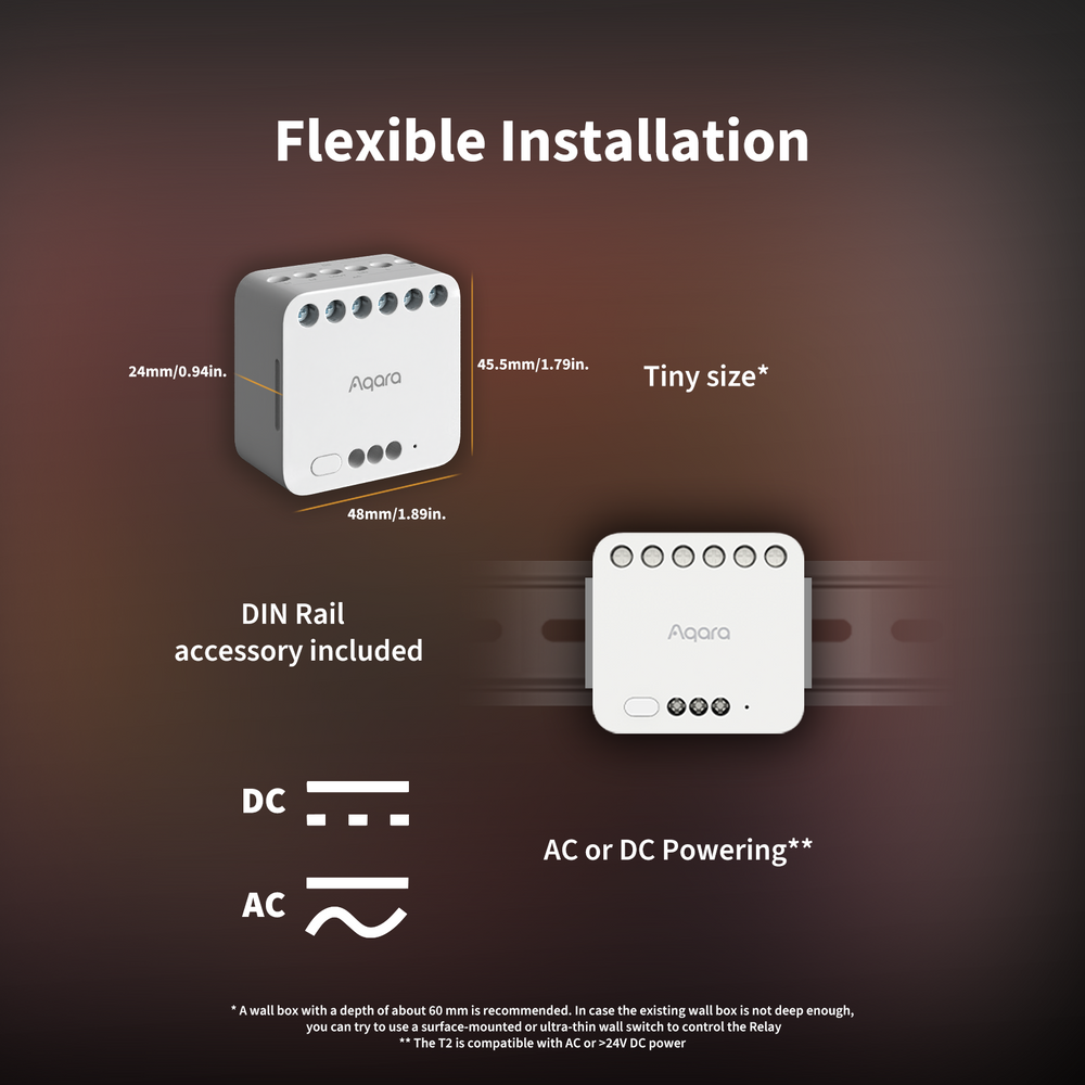 Dual Relay Module T2 with text detailing flexible installation features on a dark background