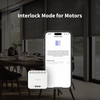 Smartphone displaying 'Interlock Mode for Motors' with a Dual Relay Module T2 in a modern interior setting.