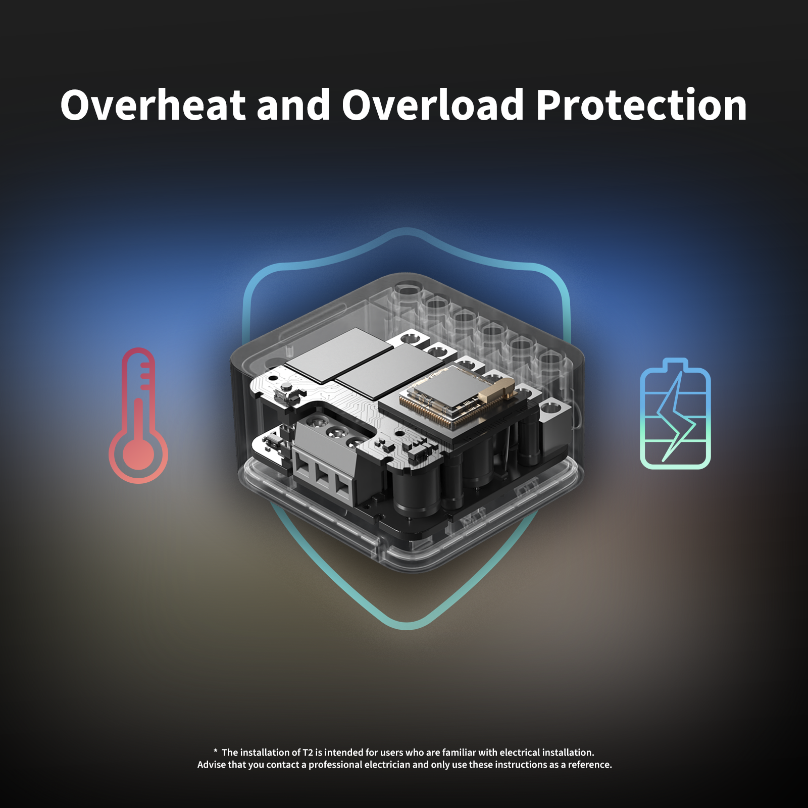 Dual Relay Module T2 with overload and overheat protection features on a dark background