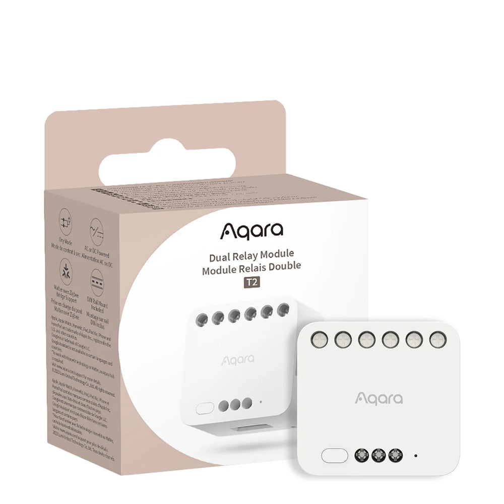 Dual Relay Module T2 packaging with product on a white background