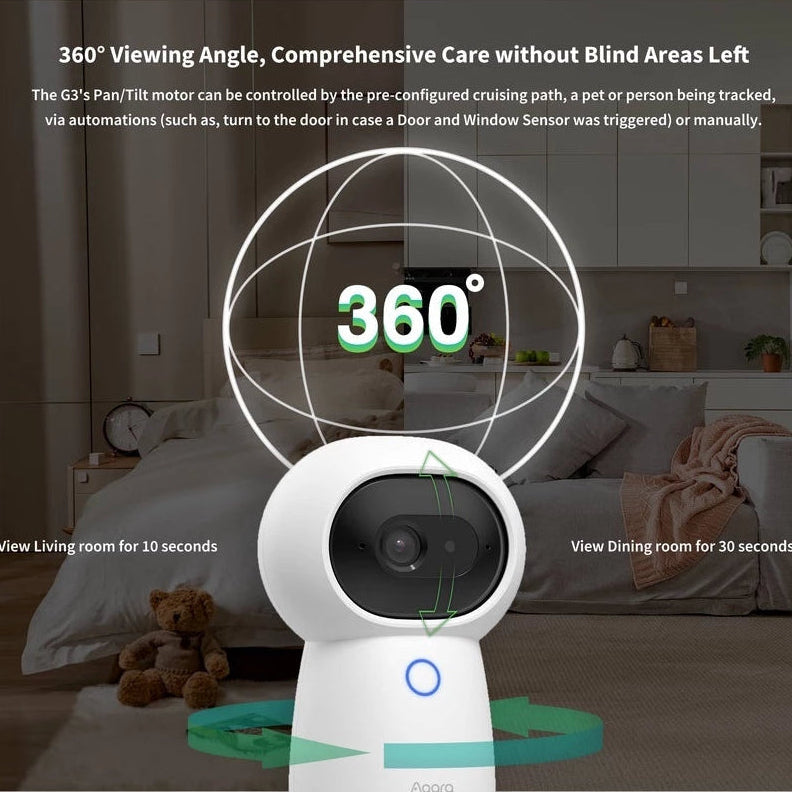 G3 Camera Hub with 360-degree viewing angle display, shown in a living room setting.