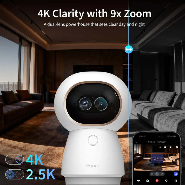 G3 Camera Hub with 4K clarity and 9x zoom in a living room setting.