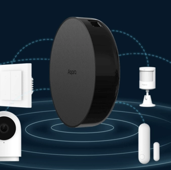 Collection of smart home devices on a dark blue background with a central Hub 200 device.