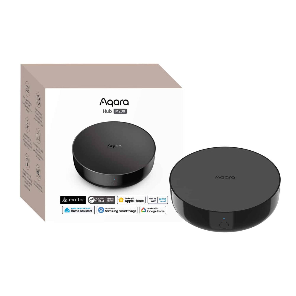 Aqara Hub M200 with packaging on a white background
