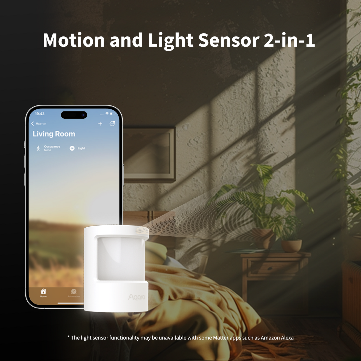 Motion & Light Sensor P2 with a smartphone app interface in a living room setting