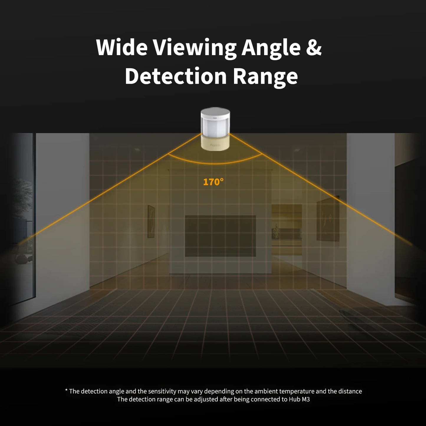 Diagram showing a wide viewing angle and detection range of the Motion & Light Sensor P2 in a room