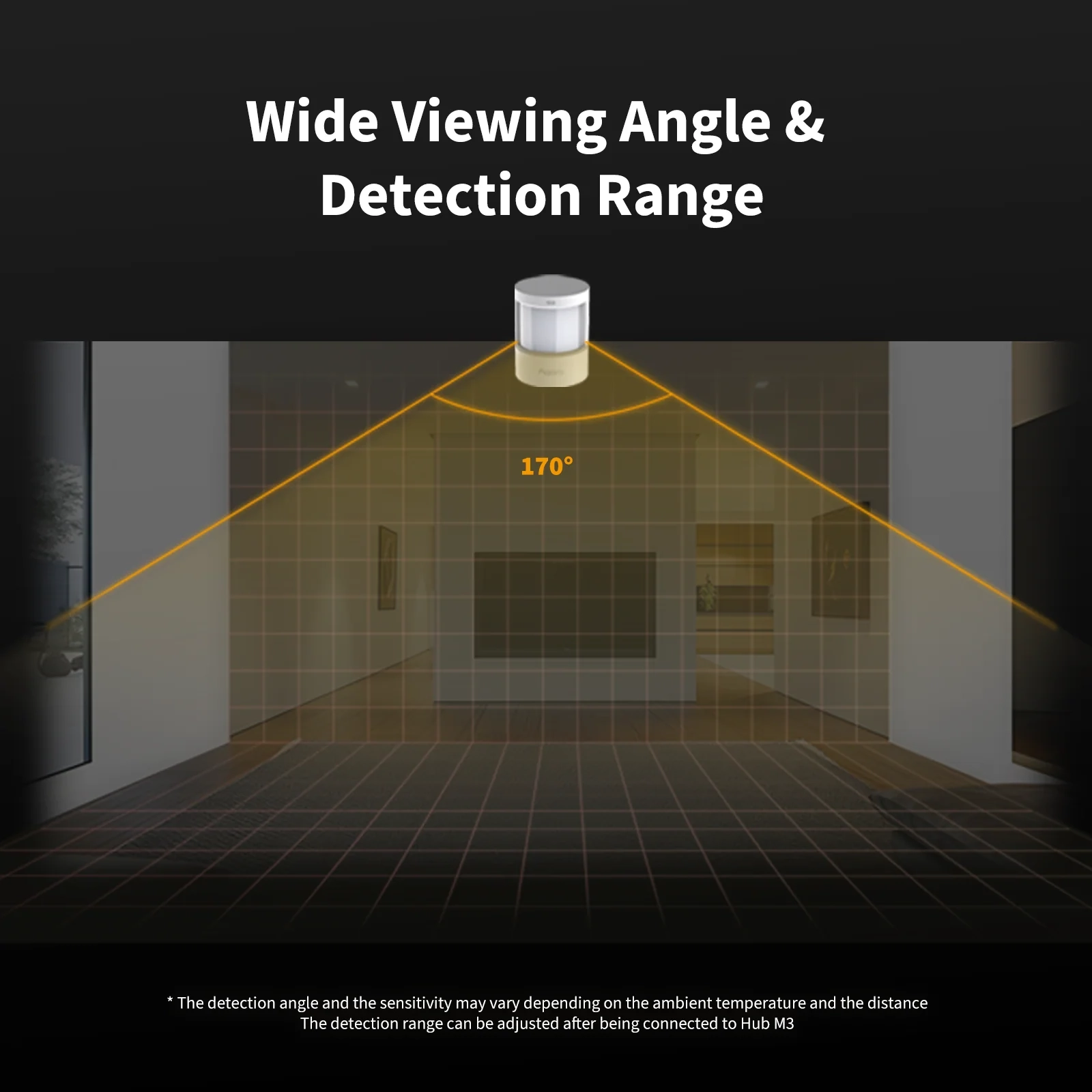Diagram showing a wide viewing angle and detection range of the Motion & Light Sensor P2 in a room
