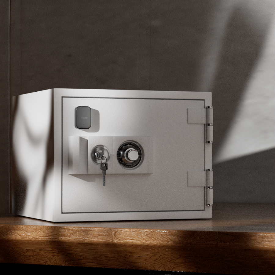 Smart multi-sensor on a metallic safe box on a wooden surface with a neutral background