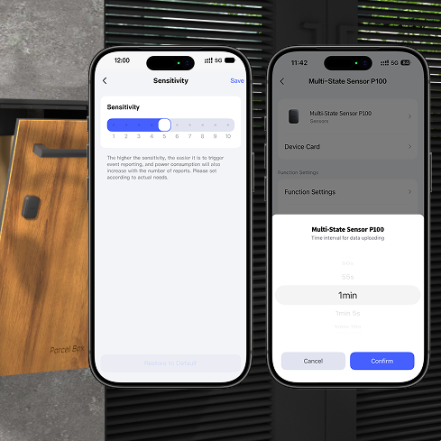Phone case with smartphone displaying the app interface for the Multi-State Sensor P100