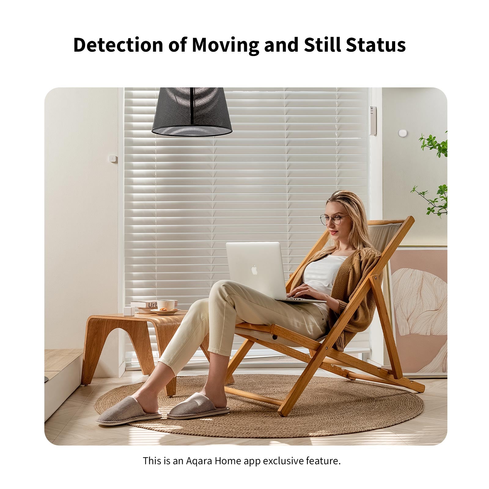 The detection features of the Presence Sensor FP1E mounted on a wall behind a woman