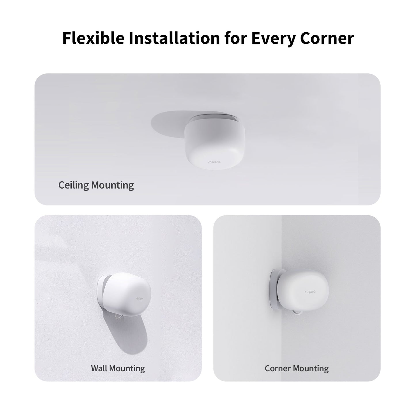 Ceiling, wall, and corner mounting options for a Presence Sensor FP1E on a white background.