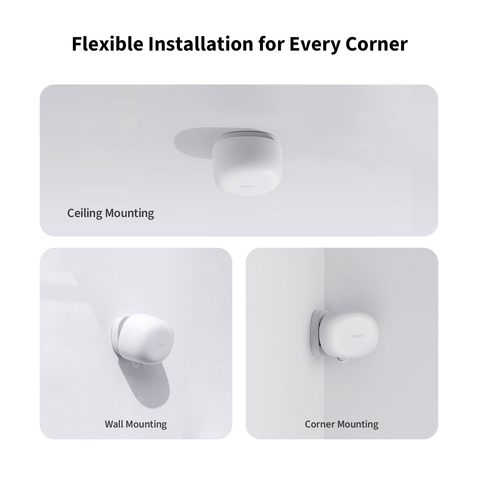 Ceiling, wall, and corner mounting options for a Presence Sensor FP1E on a white background.