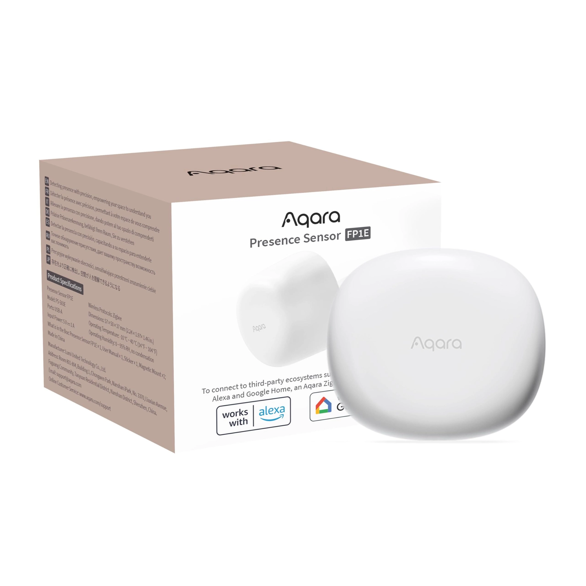 Presence Sensor FP1 with packaging on a white background