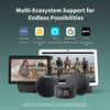 A Presence Sensor FP2 graphic for a smart home multi-device bundle, showing a smart display screen, a tablet, two spherical smart speakers, and a small digital clock on a teal gradient background. Text at the top reads 'Multi-Ecosystem Support for Endless Possibilities' with logos for Aqara Home, Home, Alexa, Google Home, and iFTTTT below.