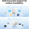 Presence Sensor FP300 with icons and text about multi-ecosystem support on a blue background.