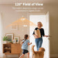 Woman and child with a dog entering a home, with text about radar detection range for the Presence Sensor FP300.