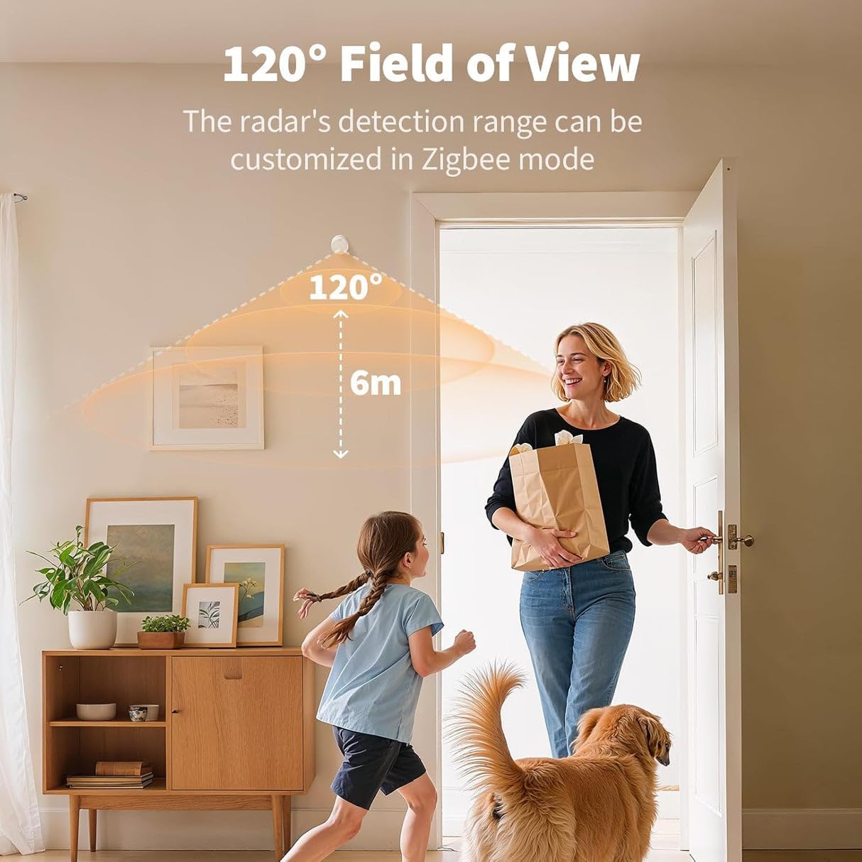 Woman and child with a dog entering a home, with text about radar detection range for the Presence Sensor FP300.