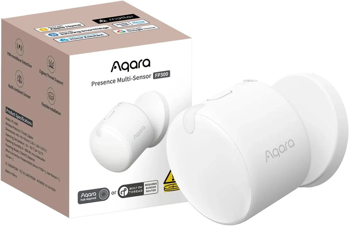 Presence Sensor FP300 with packaging on a white background
